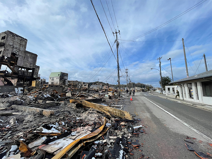 輪島市朝市地区の火災跡。消失範囲は約50,800㎡に及ぶ